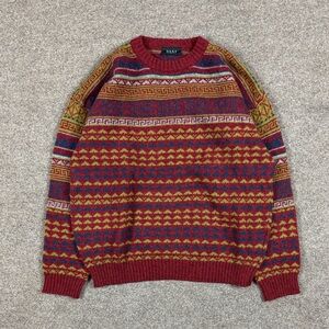 Vintage Red Geometric Stripe 100% Wool Crewneck Sweater Men’s L 90s Grandpa-core